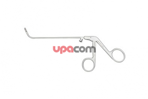 Щипцы RHINOFORCE II для лобной пазухи по NICOLAI, режущие насквозь, загнутые вверх на 65°, высота 30 мм и толщина тубуса 3 мм, ширина 2 мм, бранши угловой формы, открывающиеся вправо, подвижная бранша с крупным рифлением на внутренней стороне, длина 14 см