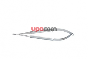 Микроножницы, с пружинной рукояткой, изогнутые, с зубчатыми лезвиями, длина 16 см